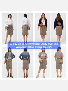 See by Chloé Asymmetrical Utility Twill Midi Wrap Skirt | Rare Design Size 6/8